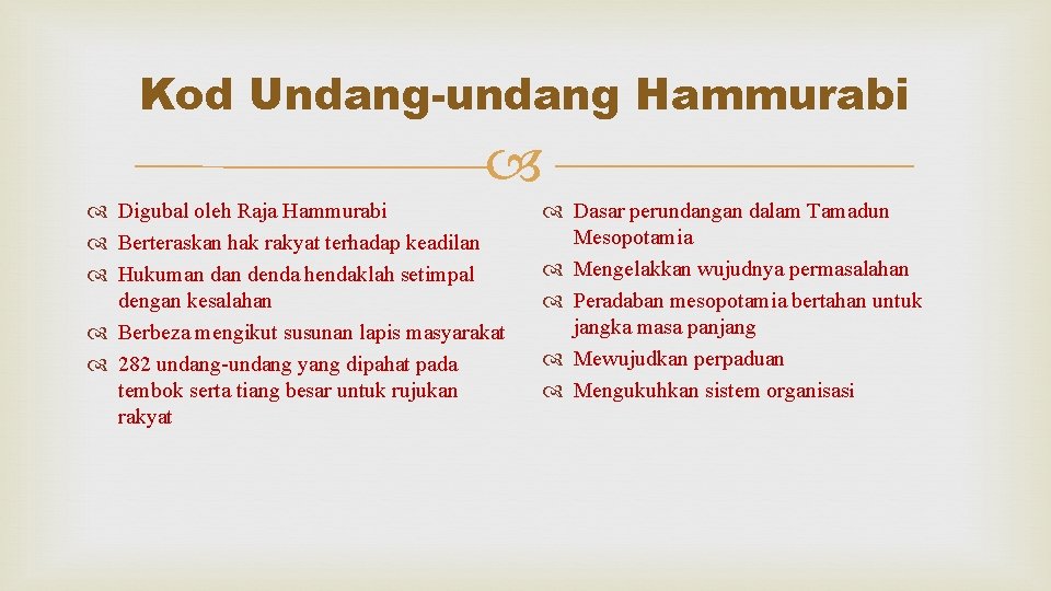 Kod Undang-undang Hammurabi Digubal oleh Raja Hammurabi Berteraskan hak rakyat terhadap keadilan Hukuman denda
