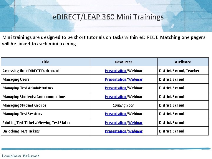 e. DIRECT/LEAP 360 Mini Trainings Mini trainings are designed to be short tutorials on