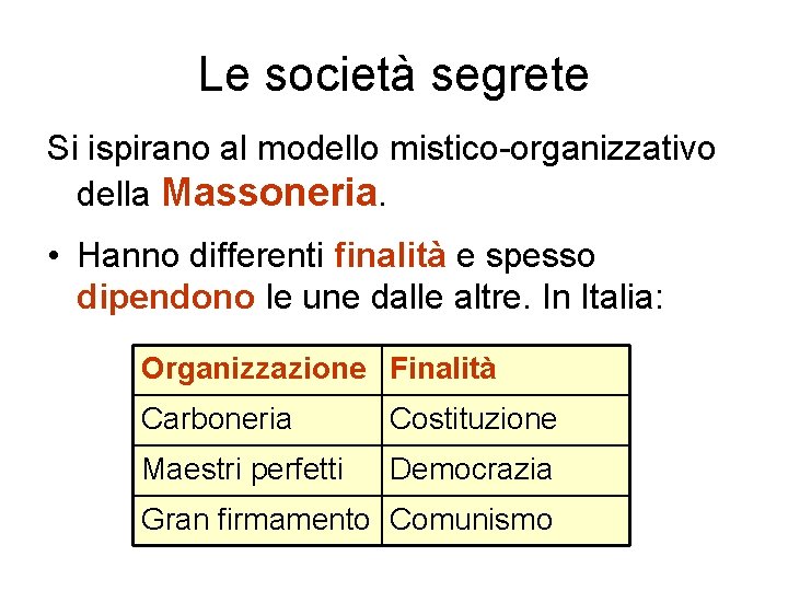 Le società segrete Si ispirano al modello mistico-organizzativo della Massoneria. • Hanno differenti finalità