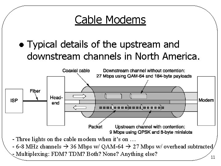 Cable Modems l Typical details of the upstream and downstream channels in North America.