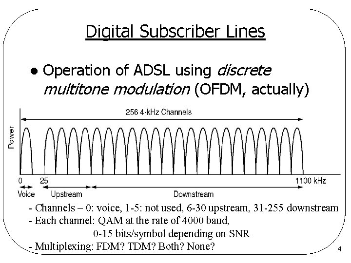 Digital Subscriber Lines l Operation of ADSL using discrete multitone modulation (OFDM, actually) -