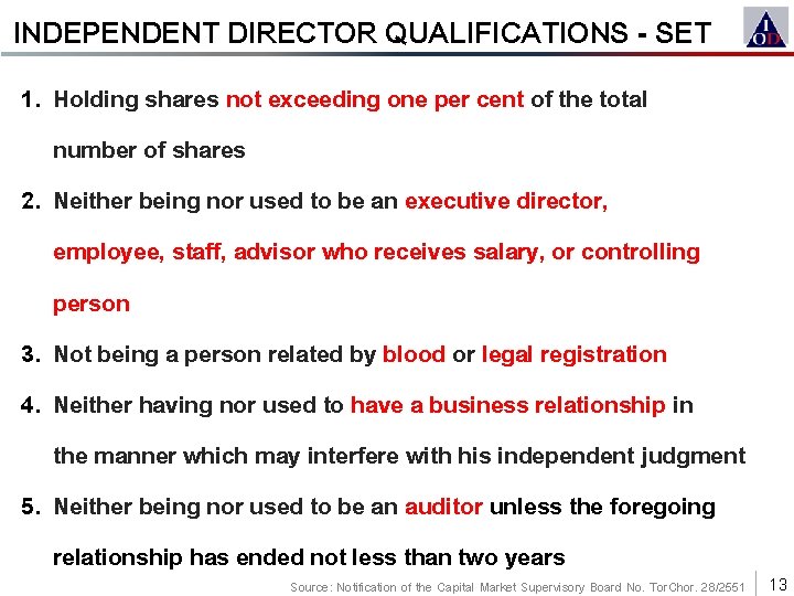 INDEPENDENT DIRECTOR QUALIFICATIONS - SET 1. Holding shares not exceeding one per cent of