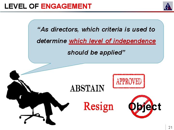 LEVEL OF ENGAGEMENT “As directors, which criteria is used to determine which level of