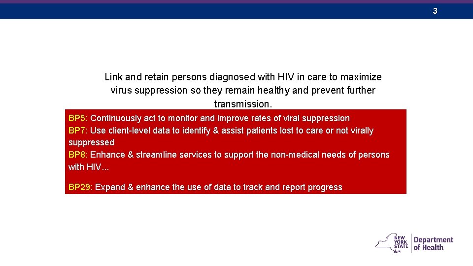 3 Link and retain persons diagnosed with HIV in care to maximize virus suppression