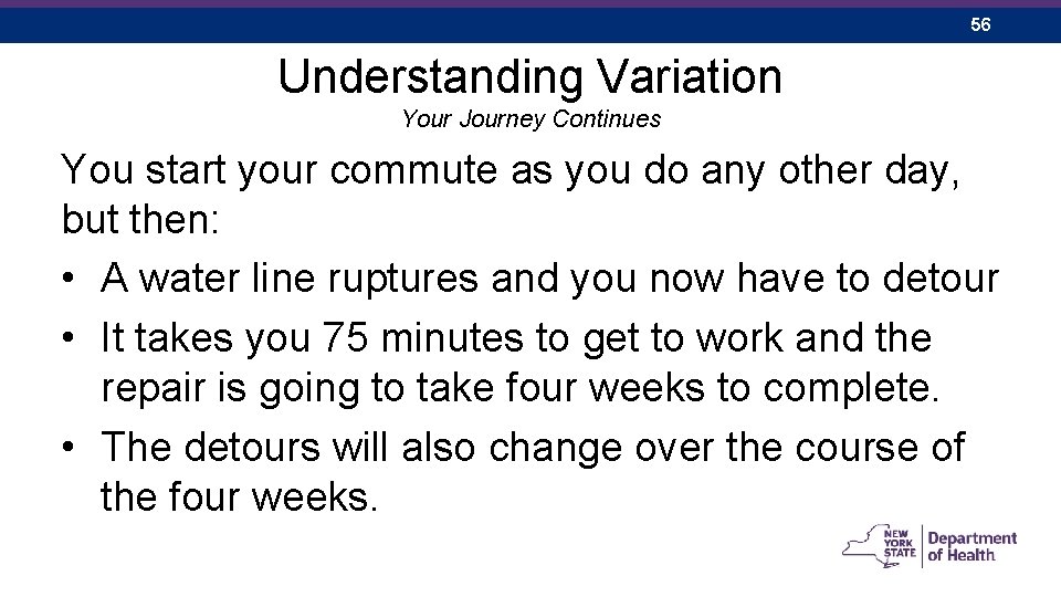 56 Understanding Variation Your Journey Continues You start your commute as you do any