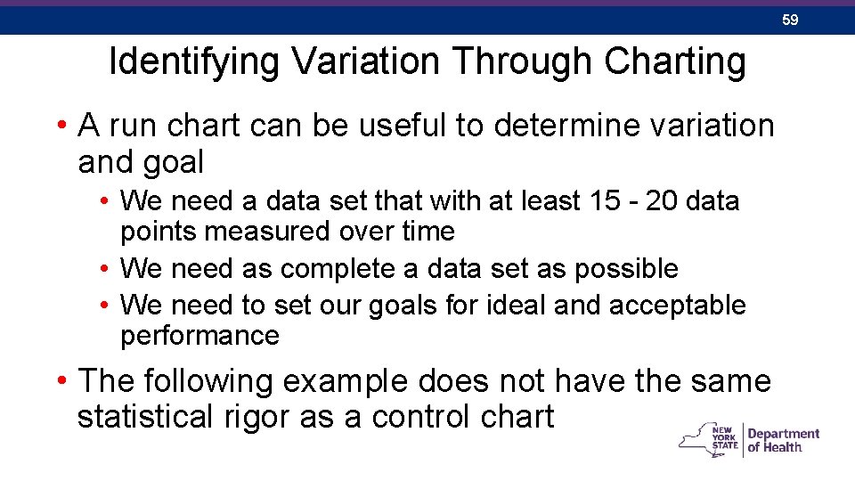 59 Identifying Variation Through Charting • A run chart can be useful to determine