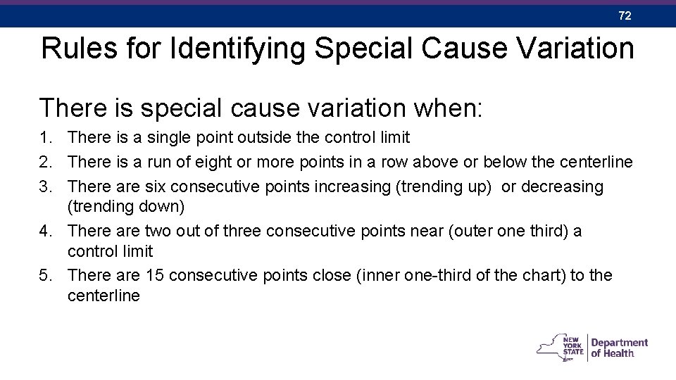 72 Rules for Identifying Special Cause Variation There is special cause variation when: 1.