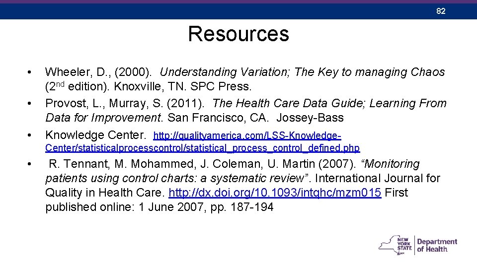 82 Resources • • • Wheeler, D. , (2000). Understanding Variation; The Key to