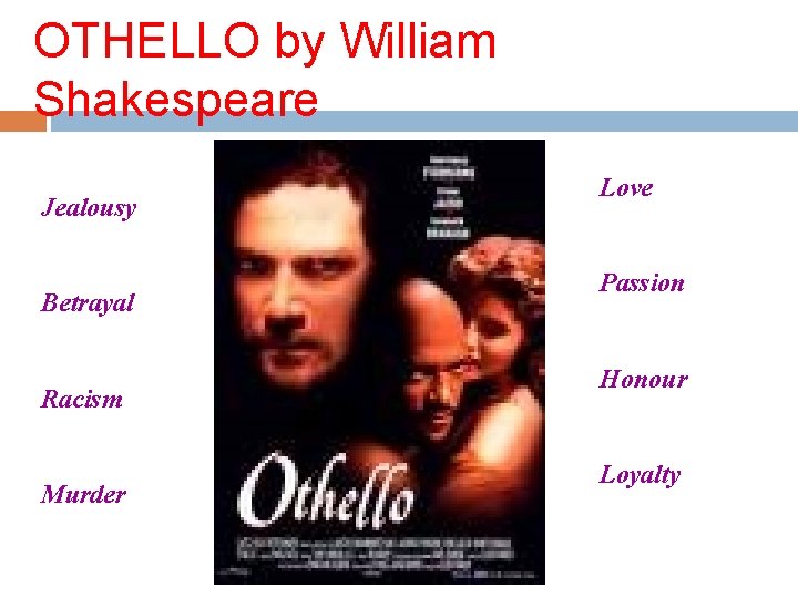 OTHELLO by William Shakespeare Jealousy Betrayal Racism Murder Love Passion Honour Loyalty 