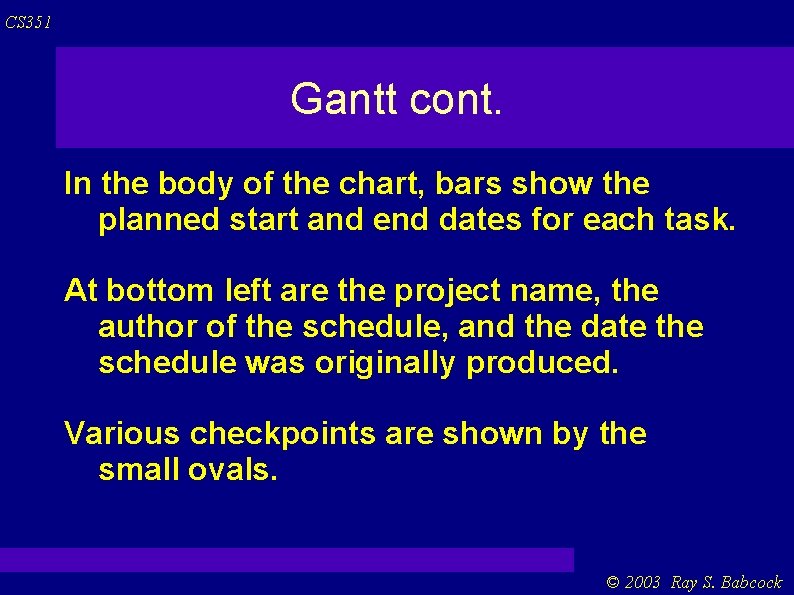 CS 351 Gantt cont. In the body of the chart, bars show the planned CS 351 Gantt cont. In the body of the chart, bars show the planned