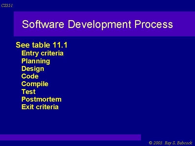 CS 351 Software Development Process See table 11. 1 Entry criteria Planning Design Code CS 351 Software Development Process See table 11. 1 Entry criteria Planning Design Code