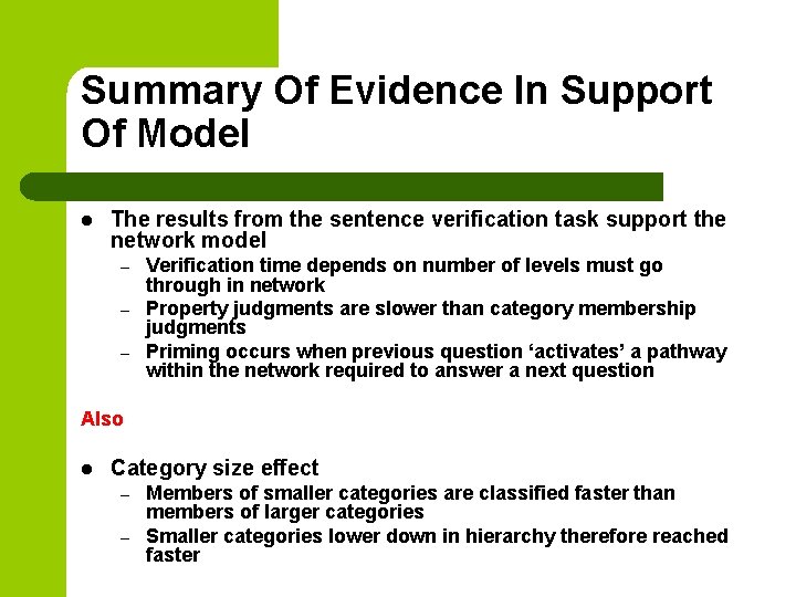 Summary Of Evidence In Support Of Model l The results from the sentence verification