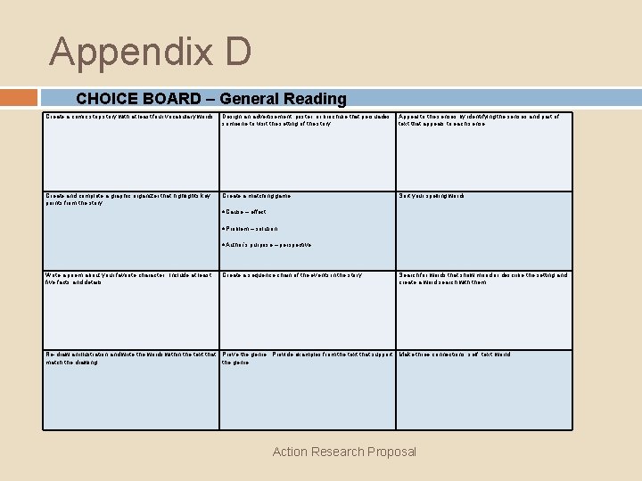 Appendix D CHOICE BOARD – General Reading Create a comic strip story with at