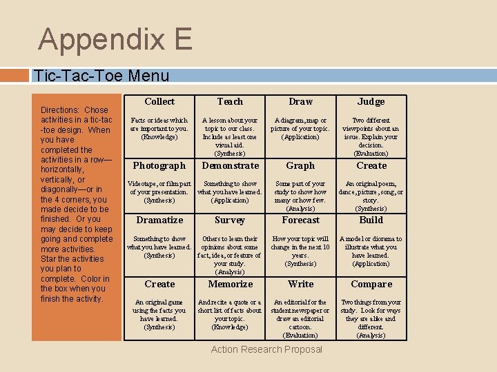 Appendix E Tic-Tac-Toe Menu Directions: Chose activities in a tic-tac -toe design. When you