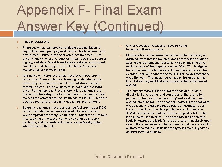 Appendix F- Final Exam Answer Key (Continued) 1. 2. 3. Essay Questions Prime customers