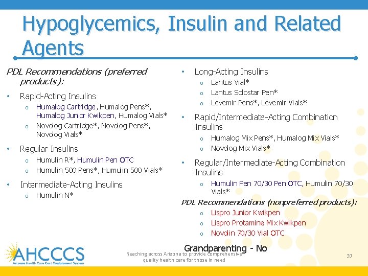 Hypoglycemics, Insulin and Related Agents PDL Recommendations (preferred products): • o o • o