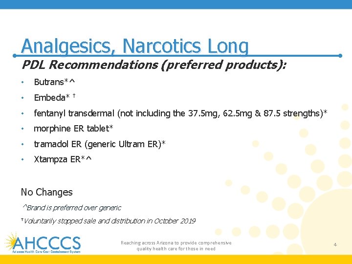 Analgesics, Narcotics Long PDL Recommendations (preferred products): • Butrans*^ • Embeda* † • fentanyl