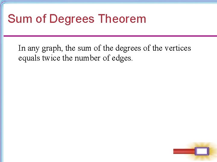 Sum of Degrees Theorem In any graph, the sum of the degrees of the