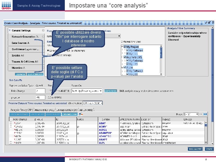 Sample & Assay Technologies Impostare una “core analysis” E’ possibile utilizzare diversi “filtri” per Sample & Assay Technologies Impostare una “core analysis” E’ possibile utilizzare diversi “filtri” per