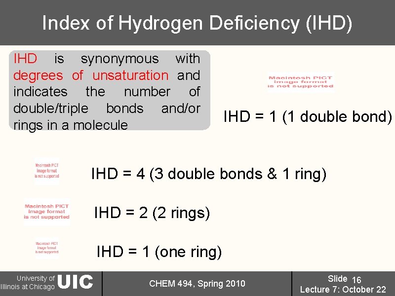 Index of Hydrogen Deficiency (IHD) IHD is synonymous with degrees of unsaturation and indicates