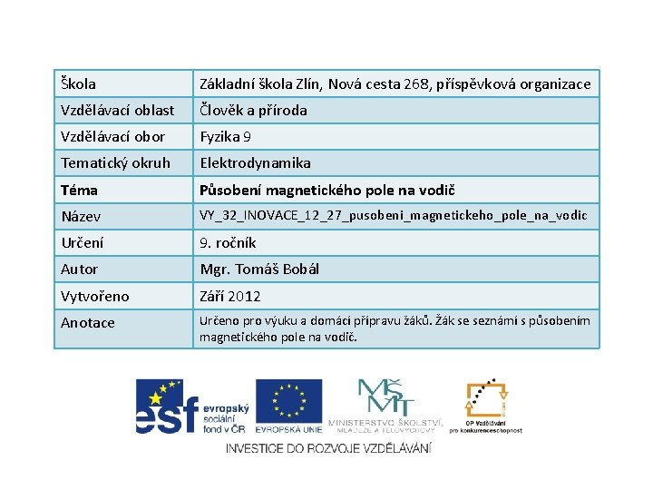 Škola Základní škola Zlín, Nová cesta 268, příspěvková organizace Vzdělávací oblast Člověk a příroda