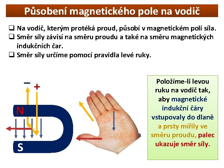 Působení magnetického pole na vodič q Na vodič, kterým protéká proud, působí v magnetickém