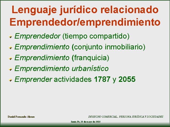 Lenguaje jurídico relacionado Emprendedor/emprendimiento Emprendedor (tiempo compartido) Emprendimiento (conjunto inmobiliario) Emprendimiento (franquicia) Emprendimiento urbanístico