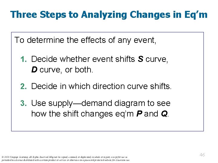 Three Steps to Analyzing Changes in Eq’m To determine the effects of any event,