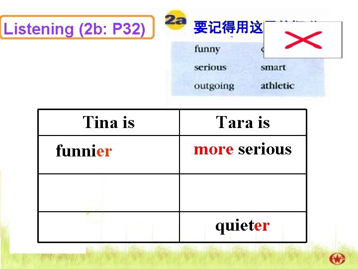 Listening (2 b: P 32) Tina is funnier 要记得用这里的词呦! Tara is more serious quieter Listening (2 b: P 32) Tina is funnier 要记得用这里的词呦! Tara is more serious quieter