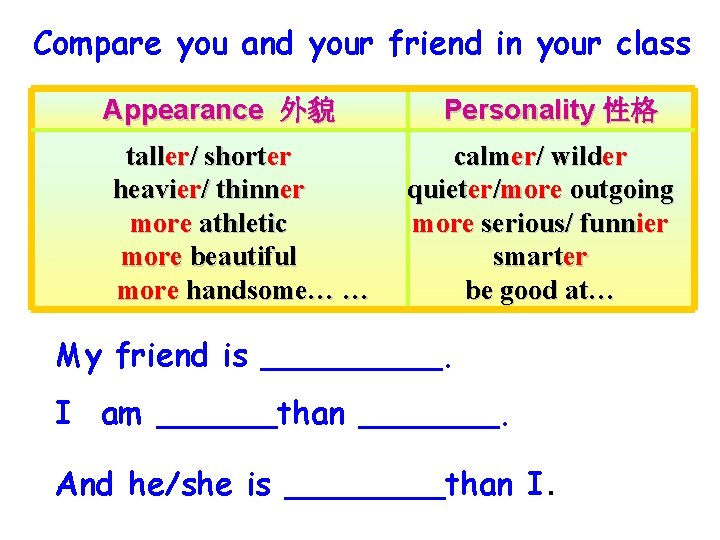 Compare you and your friend in your class Appearance 外貌 taller/ shorter heavier/ thinner Compare you and your friend in your class Appearance 外貌 taller/ shorter heavier/ thinner