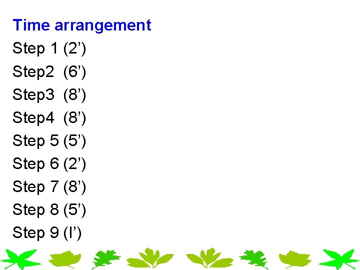 Time arrangement Step 1 (2’) Step 2 (6’) Step 3 (8’) Step 4 (8’) Time arrangement Step 1 (2’) Step 2 (6’) Step 3 (8’) Step 4 (8’)