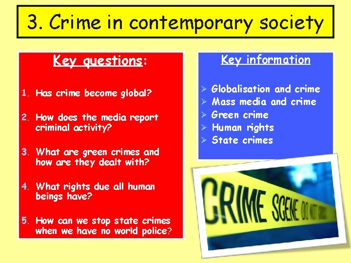 3. Crime in contemporary society Key questions: 1. Has crime become global? 2. How