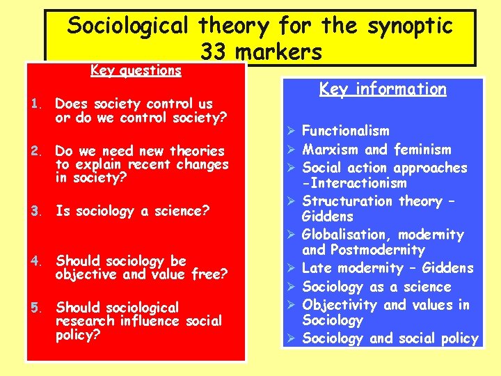 Sociological theory for the synoptic 33 markers Key questions Key information 1. Does society