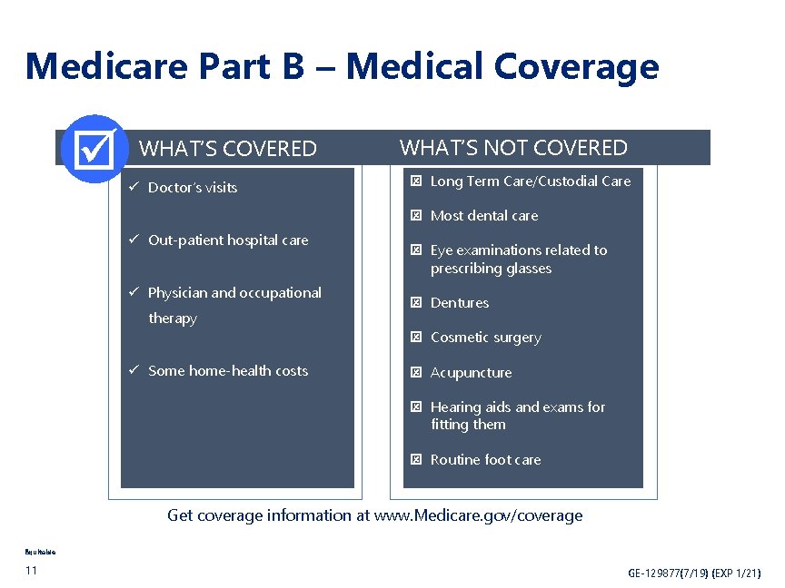 Medicare Part B – Medical Coverage WHAT’S COVERED ü Doctor’s visits WHAT’S NOT COVERED