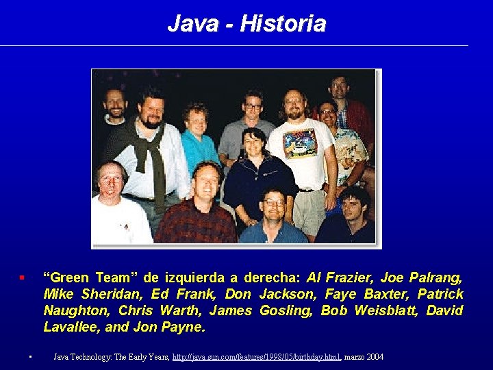 Java - Historia “Green Team” de izquierda a derecha: Al Frazier, Joe Palrang, Mike