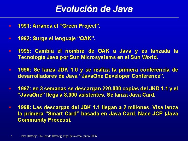 Evolución de Java 1991: Arranca el “Green Project”. 1992: Surge el lenguaje “OAK”. 1995: