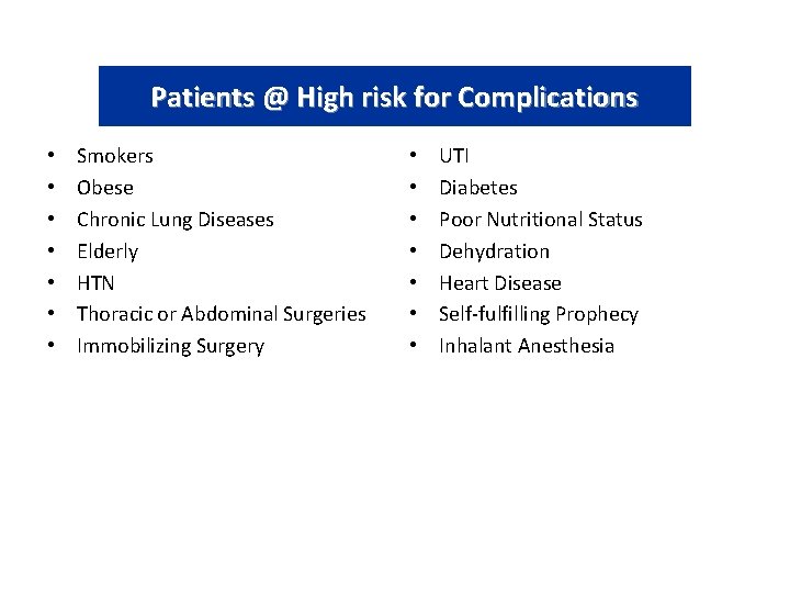 Patients @ High risk for Complications • • Smokers Obese Chronic Lung Diseases Elderly