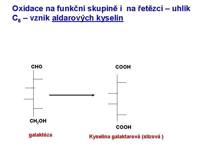 Oxidace na funkční skupině i na řetězci – uhlík C 6 – vznik aldarových