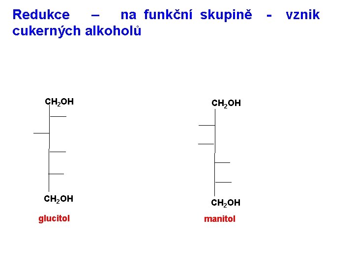 Redukce – na funkční skupině cukerných alkoholů CH 2 OH glucitol manitol - vznik