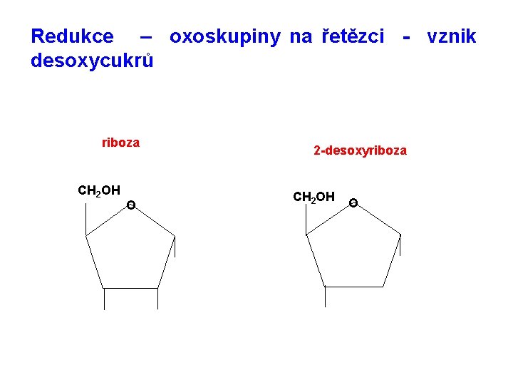 Redukce – oxoskupiny na řetězci - vznik desoxycukrů riboza CH 2 OH O 2