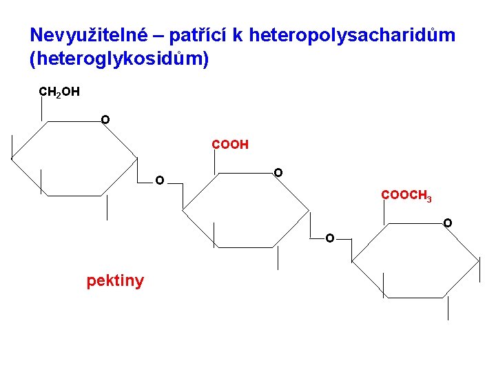 Nevyužitelné – patřící k heteropolysacharidům (heteroglykosidům) CH 2 OH O COOH O O COOCH