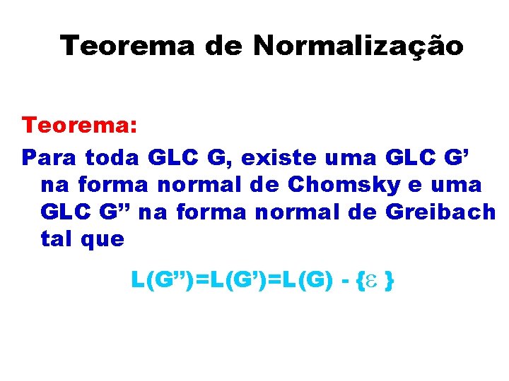 Teorema de Normalização Teorema: Para toda GLC G, existe uma GLC G’ na forma