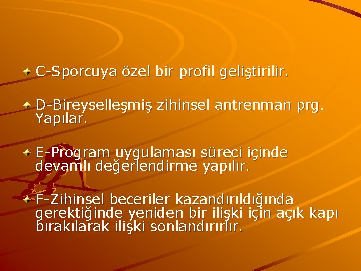 C-Sporcuya özel bir profil geliştirilir. D-Bireyselleşmiş zihinsel antrenman prg. Yapılar. E-Program uygulaması süreci içinde