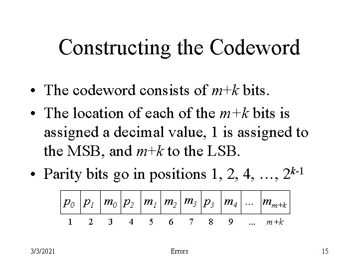 Constructing the Codeword • The codeword consists of m+k bits. • The location of