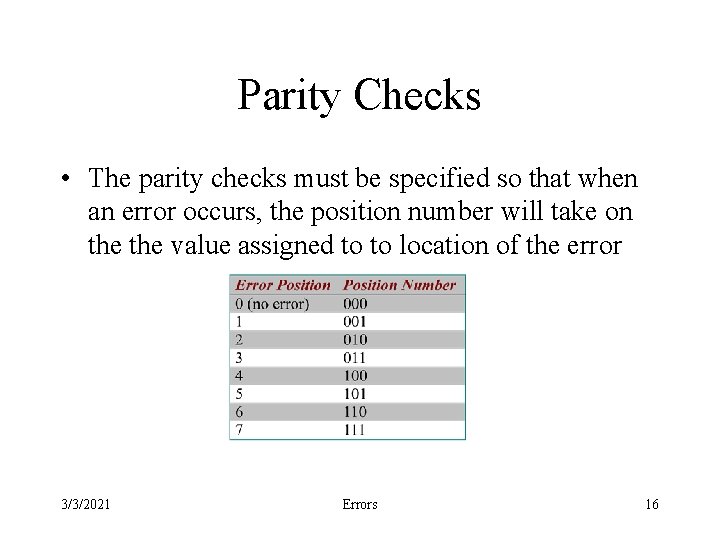 Parity Checks • The parity checks must be specified so that when an error