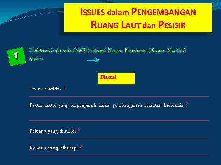 ISSUES dalam PENGEMBANGAN RUANG LAUT dan PESISIR 1 Eksistensi Indonesia (NKRI) sebagai Negara Kepulauan