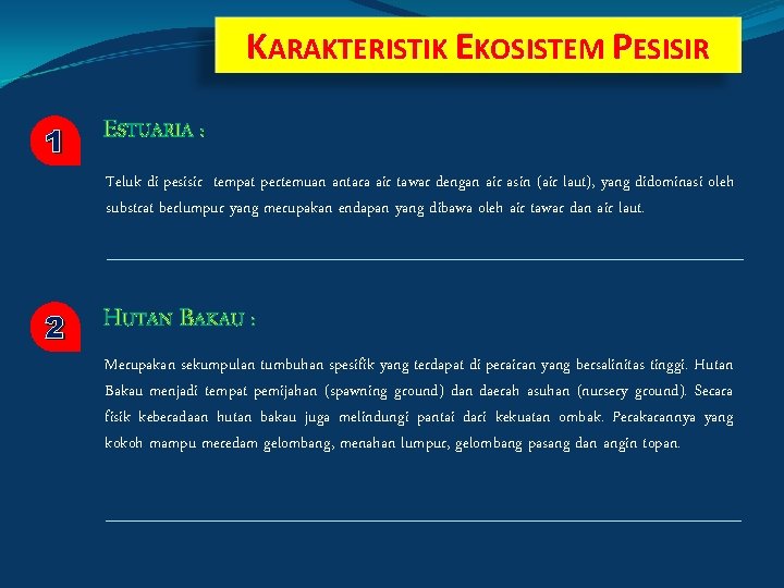 KARAKTERISTIK EKOSISTEM PESISIR 1 ESTUARIA : Teluk di pesisir tempat pertemuan antara air tawar