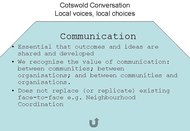 Cotswold Conversation Local voices, local choices Communication Capacity • Essential that outcomes and ideas