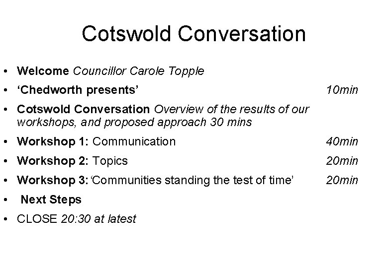 Cotswold Conversation • Welcome Councillor Carole Topple • ‘Chedworth presents’ 10 min • Cotswold