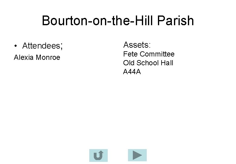 Bourton-on-the-Hill Parish • Attendees; Alexia Monroe Assets: Fete Committee Old School Hall A 44